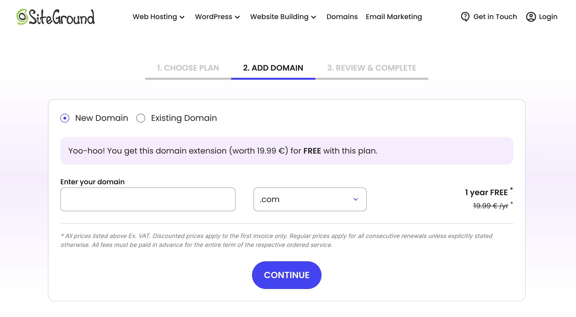 SiteGround stap om een nieuwe of bestaande domeinnaam aan je hosting te koppelen