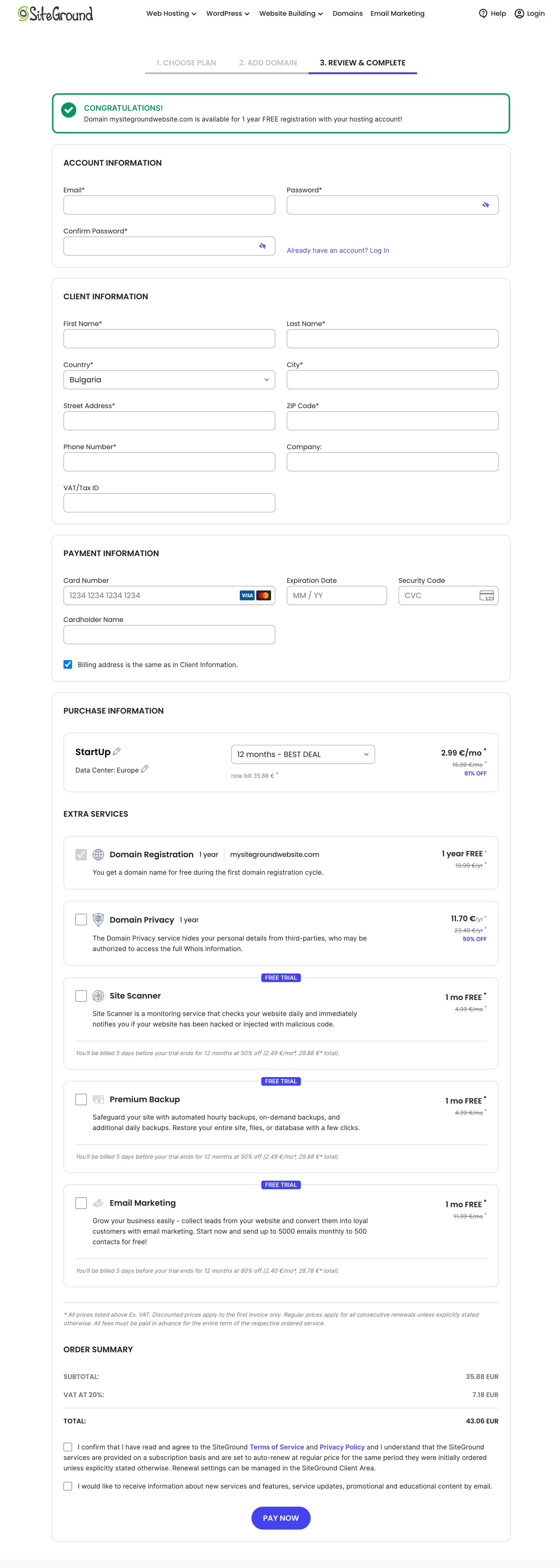 SiteGround afrekenpagina met account-, klant- en betaalgegevens en het besteloverzicht